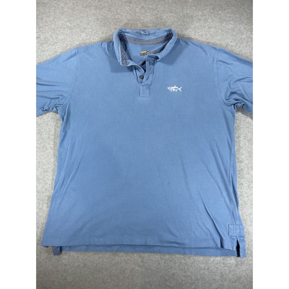 Orvis Mens Large Blue Short Sleeve Cotton Polo Shirt Fish Logo 3B94 3013